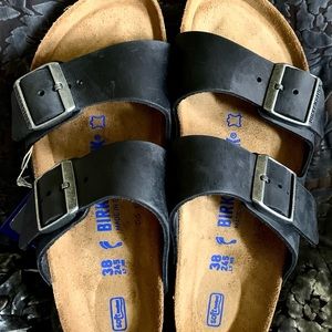 NIB Birkenstock Arizona Black Leather Sz 38 Narrow